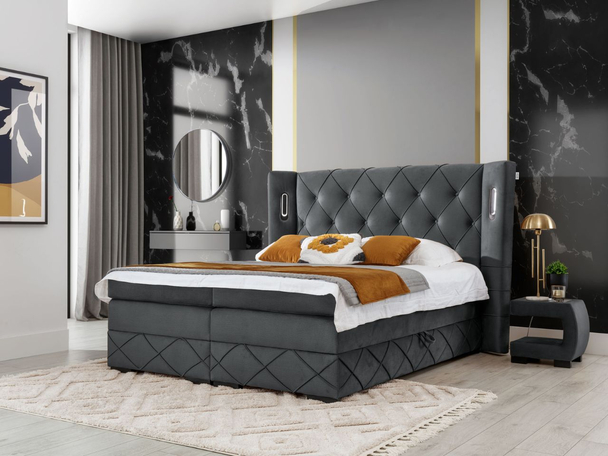 Lit Boxspring avec Coffre de Rangement 160x200 Neria Lux Gris foncé