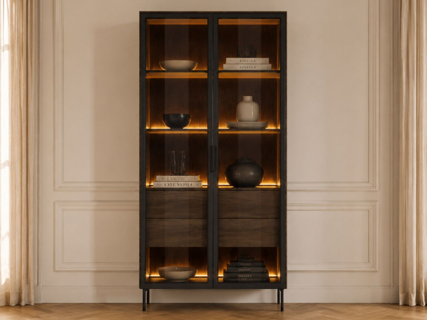 Vitrine en verre avec tiroirs et éclairage LED Lumina Chêne Dunin