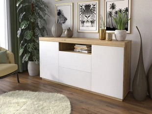 Commode de Rangement 164 cm Asumi Blanc mat, Chêne Wotan