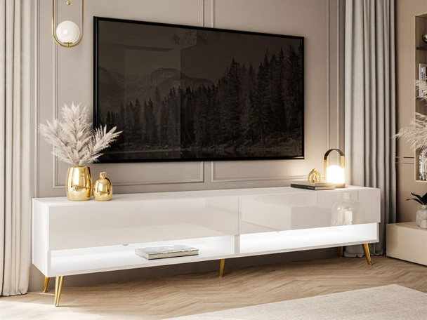 Meuble TV pour salon 180 cm avec pieds en métal Aurelie Brillant blanc