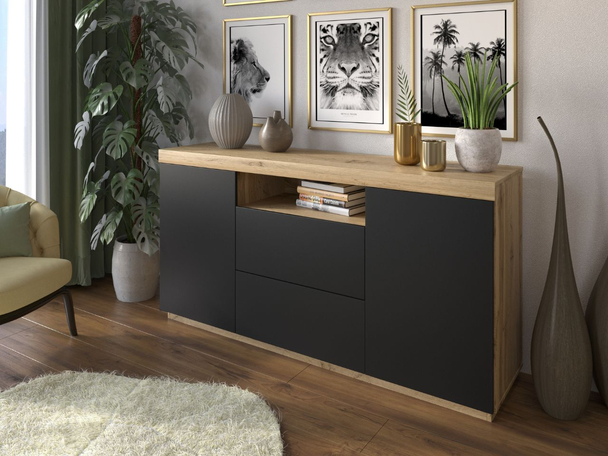 Commode de Rangement 164 cm Asumi Noir mat, Chêne Wotan
