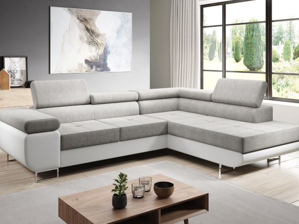 Canapé d'Angle Droite Convertible avec Coffre Solam L Blanc, Gris clair