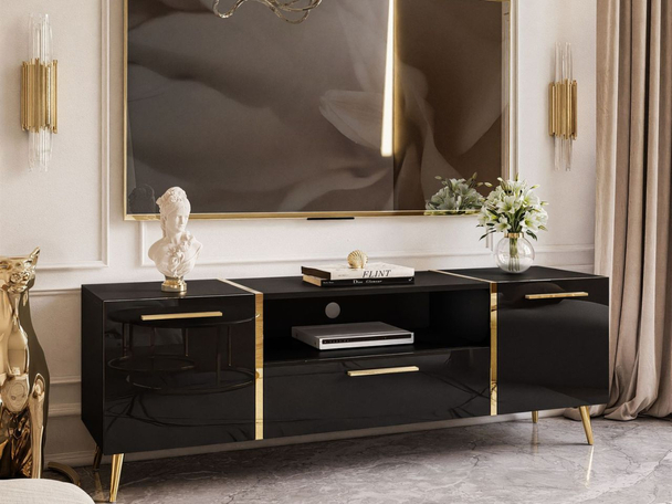 Meuble TV Rangement avec Portes et Tiroir Lunelie Brillant noir