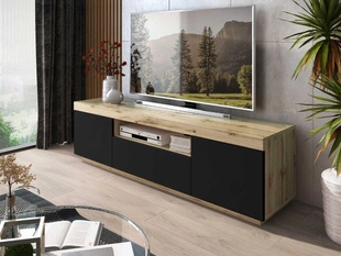 Meuble TV avec portes et tiroir Asumi Noir, Chêne Wotan