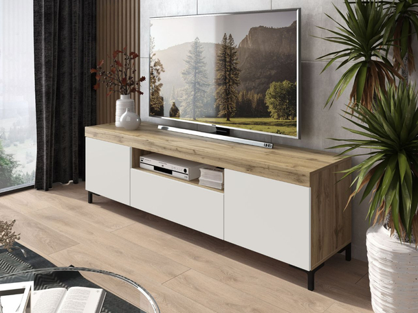 Meuble TV avec portes et tiroir Asumi Blanc, Chêne Wotan