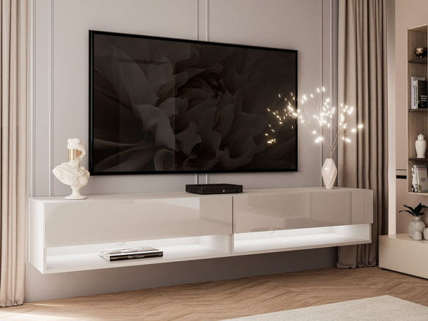 Meuble TV mural de 180 cm avec éclairage LED Aurelie Cachemire brillant