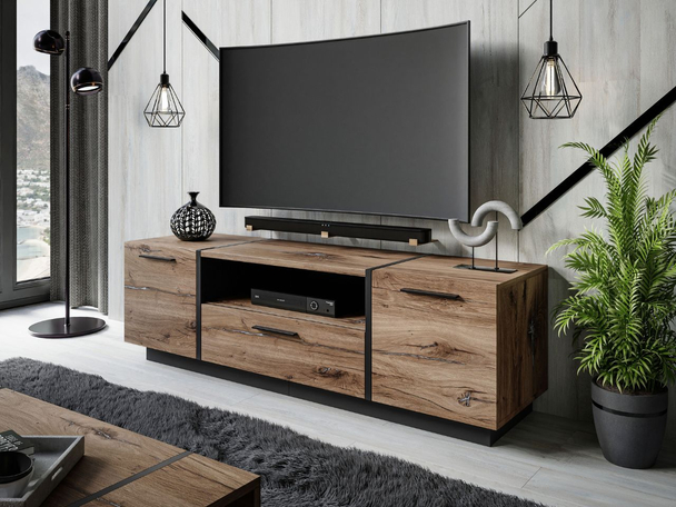 Meuble TV Rangement avec Portes et Tiroir Lunelie Marron foncé