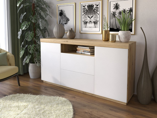 Commode de Rangement 164 cm Asumi Blanc mat, Chêne Wotan