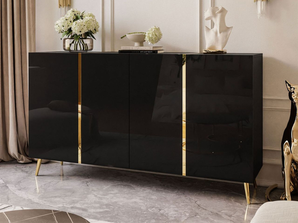 Commode de Rangement à hauts pieds dorés Lunelie Brillant noir