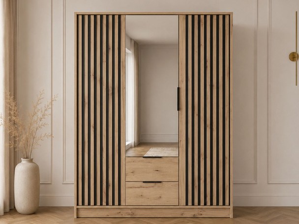 Armoire Portes Battantes Macron marron avec miroir et lamelles
