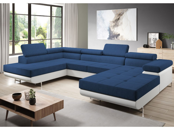 Canapé Gauche Panoramique Convertible avec Coffre Solam U Blanc, Bleu marine