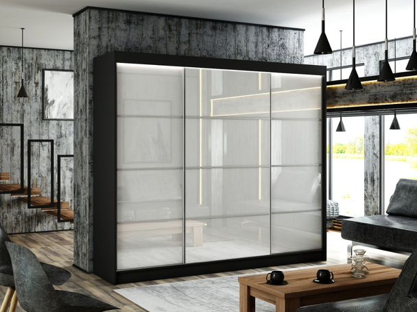Armoire à portes coulissantes avec éclairage LED Ponti Noir, Blanc