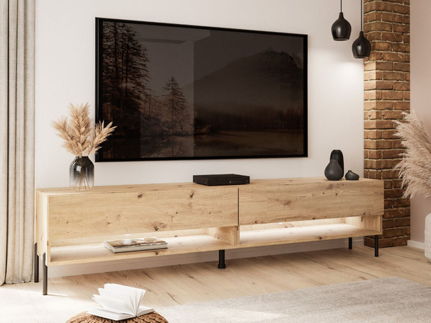 Meuble TV de 180 cm pour le salon avec éclairage LED et pieds noirs Aurelie Chêne Artisan