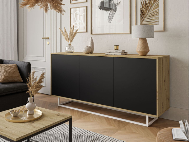 Commode glamour pour le salon Vivance Noir mat, Chêne Artisan