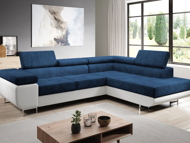 Canapé d'Angle Droite Convertible avec Coffre Solam L Blanc, Bleu foncé