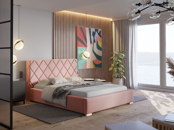 Łóżko tapicerowane z pojemnikiem i stelażem 140x200 Taranto Różowe