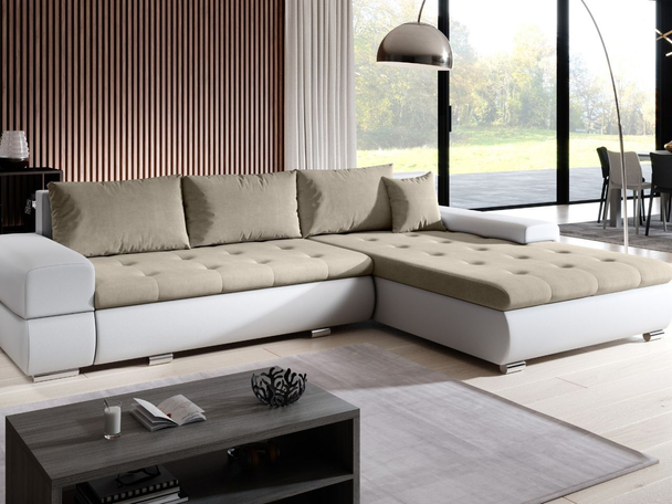Canapé d'Angle Convertible avec Coffre Réversible Sonia Blanc, Beige