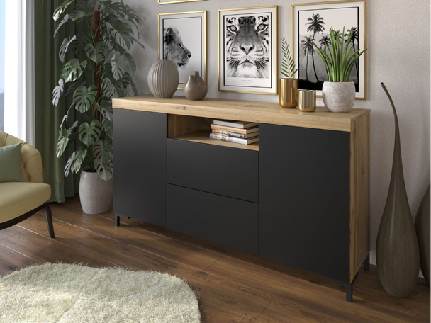 Commode de Rangement 164 cm Asumi Noir mat, Chêne Wotan