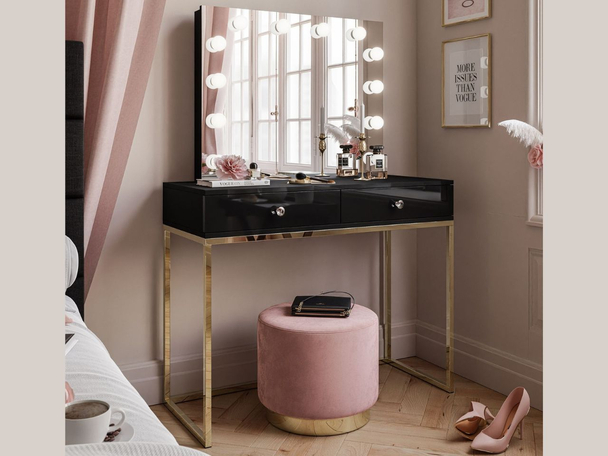 Coiffeuse glamour avec miroir et éclairage LED Brisa Brillant noir