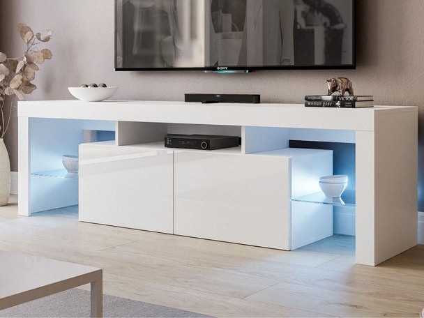 Meuble TV Rangement suspendu avec portes et surmeuble Nodoo Blanc