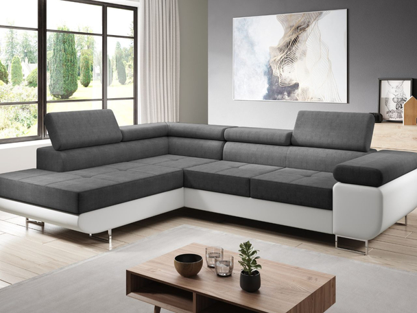 Canapé d'Angle Gauche Convertible avec Coffre Solam L Blanc, Gris foncé