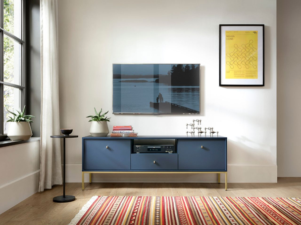Meuble TV avec Portes et Tiroirs sur Pieds Dorés Amor Bleu Marine