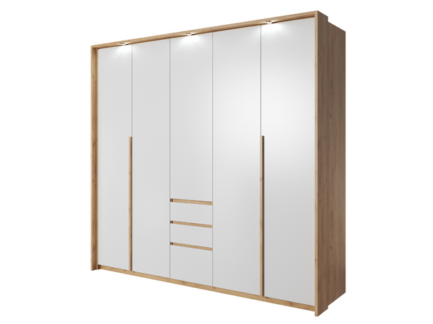 Armoire avec portes à charnières et éclairage LED Baffi Blanc, Chêne Craft doré
