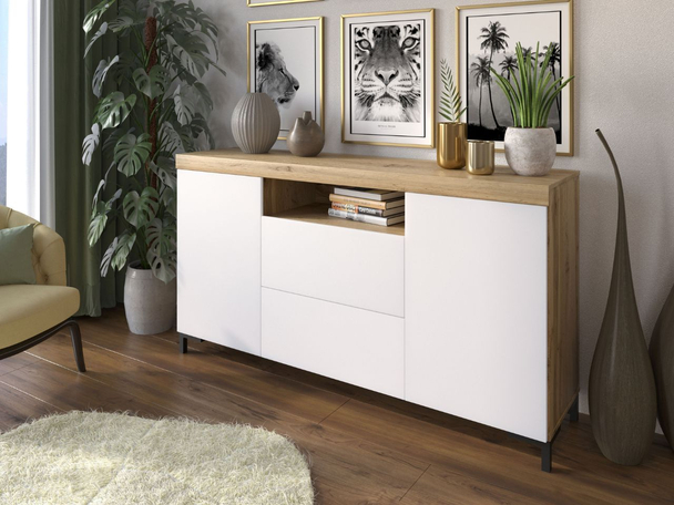 Commode de Rangement 164 cm Asumi Blanc mat, Chêne Wotan