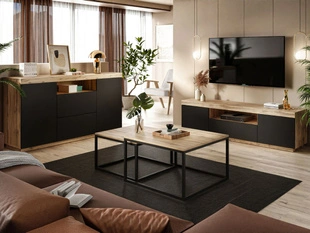 Ensemble de meubles de salon Asumi Noir mat, Chêne Wotan