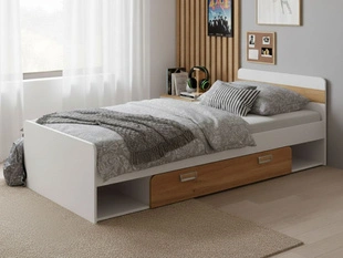 Lit simple avec tiroir Lindo Blanc, chêne Nash