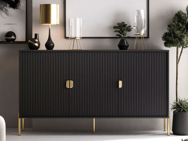Commode avec portes et poignées dorées Orlean Noir mat