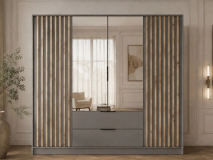 Armoire Portes Battantes Macron gris avec miroir et lamelles