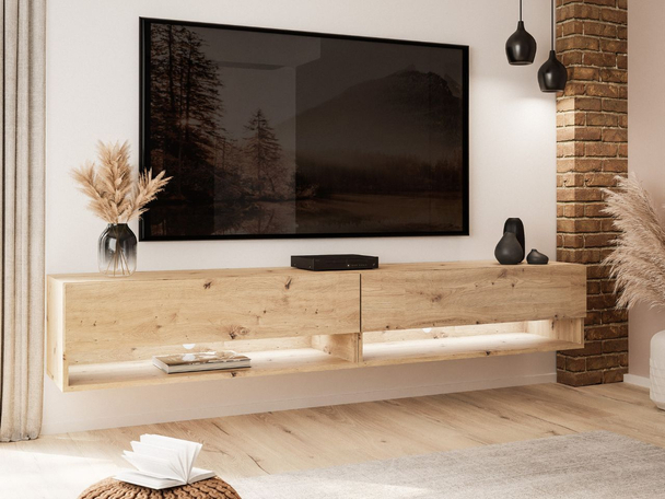 Meuble TV mural de 180 cm avec éclairage LED Aurelie Chêne Artisan