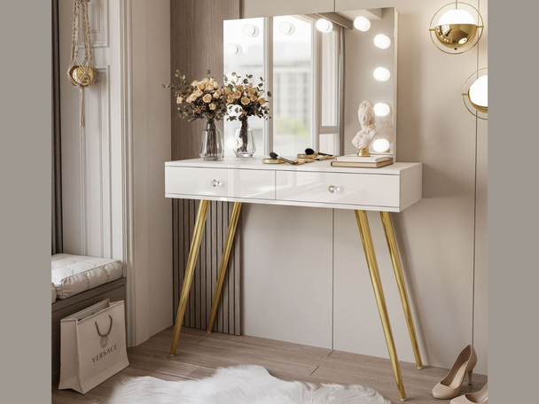 Coiffeuse glamour avec tiroirs, miroir et éclairage LED Olivine Elite Brillant blanc
