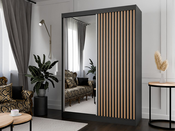 Armoire avec Miroir Loreto Noir, Chêne Wotan