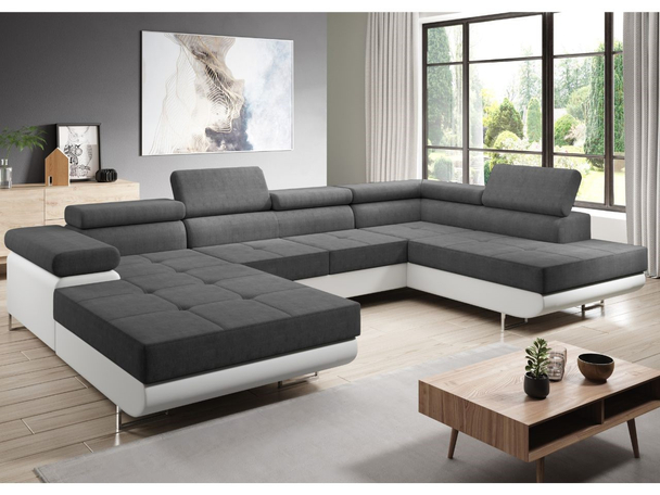 Canapé Droite Panoramique Convertible avec Coffre Solam U Blanc, Graphite