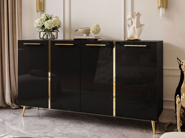 Commode de Rangement à hauts pieds dorés Lunelie Brillant noir