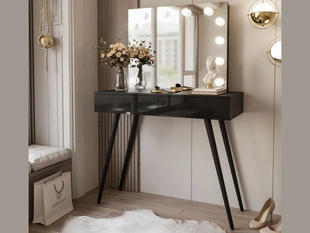 Coiffeuse glamour avec tiroirs, miroir et éclairage LED Olivine Elite Brillant noir