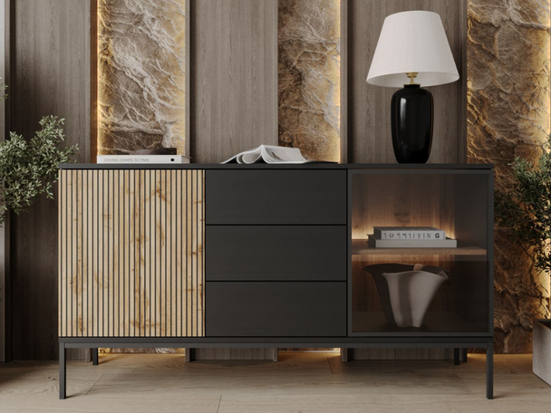 Buffet à Tiroirs et éclairage LED Deo noir, marron