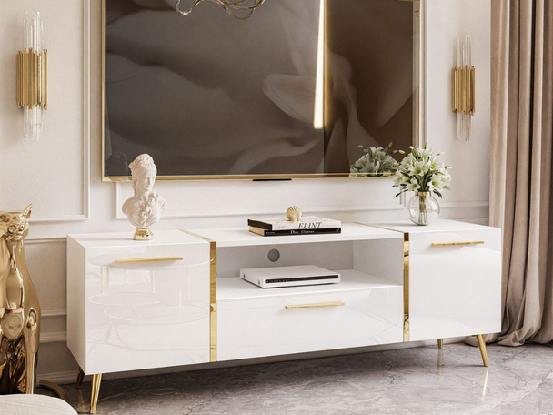 Meuble TV Rangement avec Portes et Tiroir Lunelie  Brillant blanc
