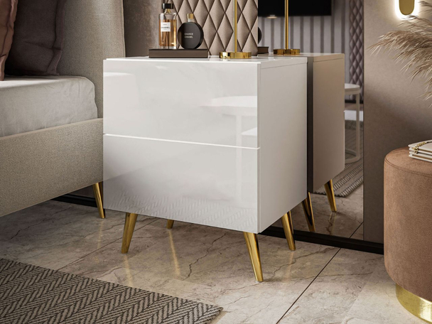 Table de chevet avec tiroirs Noaé Lux Blanc brillant
