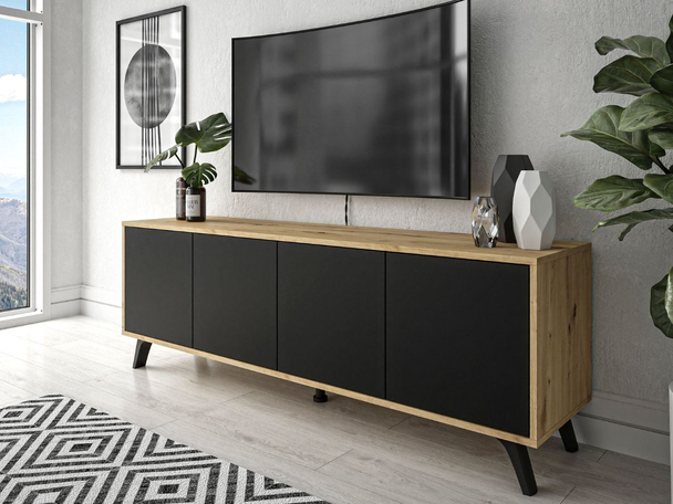 Meuble TV avec portes Vivance Noir, Chêne Artisan