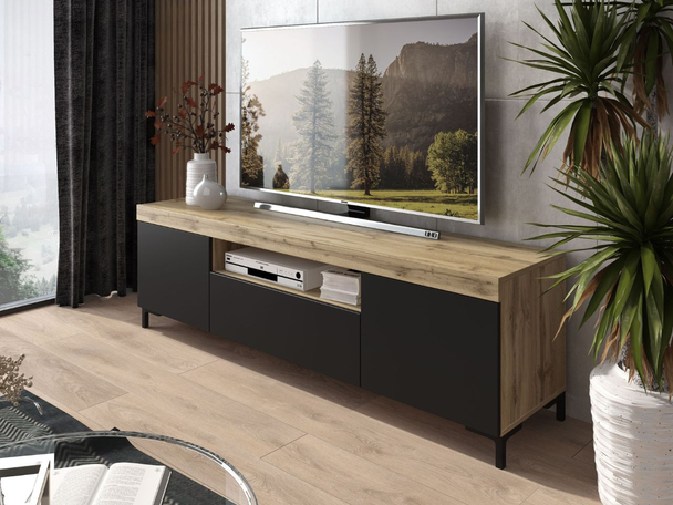 Meuble TV avec portes et tiroir Asumi Noir, Chêne Wotan