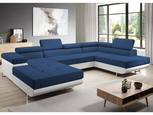 Canapé Droite Panoramique Convertible avec Coffre Solam U Blanc, Bleu marine