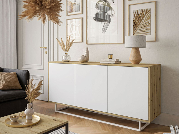 Commode glamour pour le salon Vivance Blanc mat, Chêne Artisan