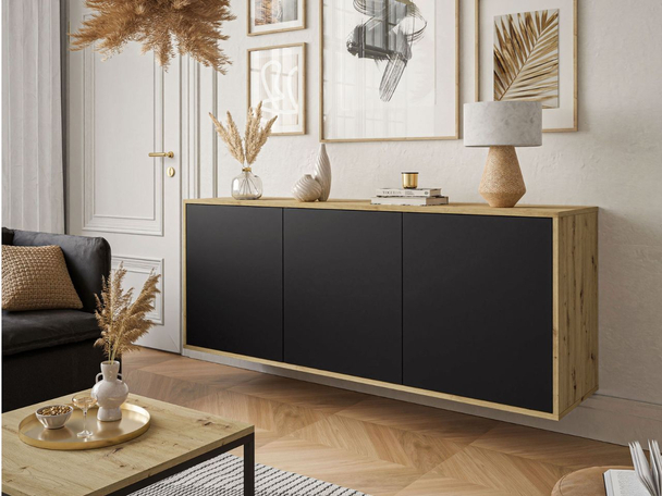 Commode suspendue à trois portes Vivance Noir mat, Chêne Artisan