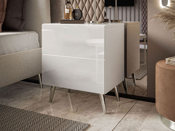 Table de chevet avec tiroirs Noaé Lux Blanc brillant