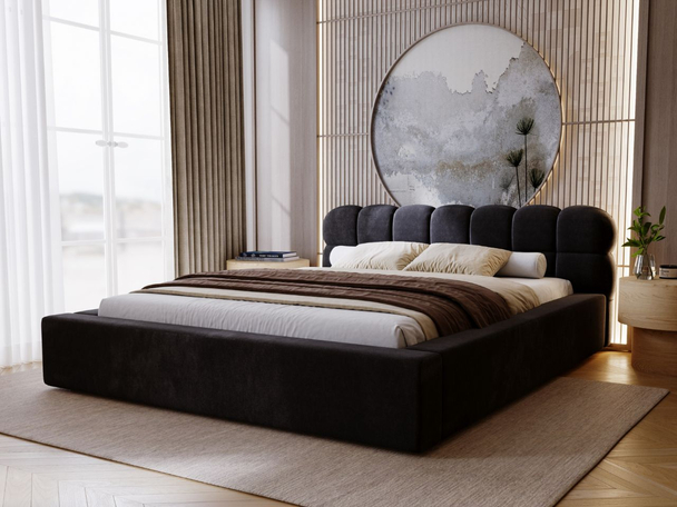Lit Coffre rembourré avec sommier relevable 180x200 Plaza Noir