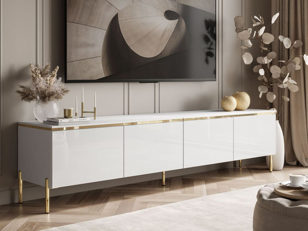 Meuble TV élégant avec éclairage LED Celle Brillant blanc
