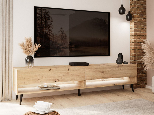 Meuble TV de 180 cm pour le salon avec éclairage LED et pieds noirs Aurelie Chêne Artisan
